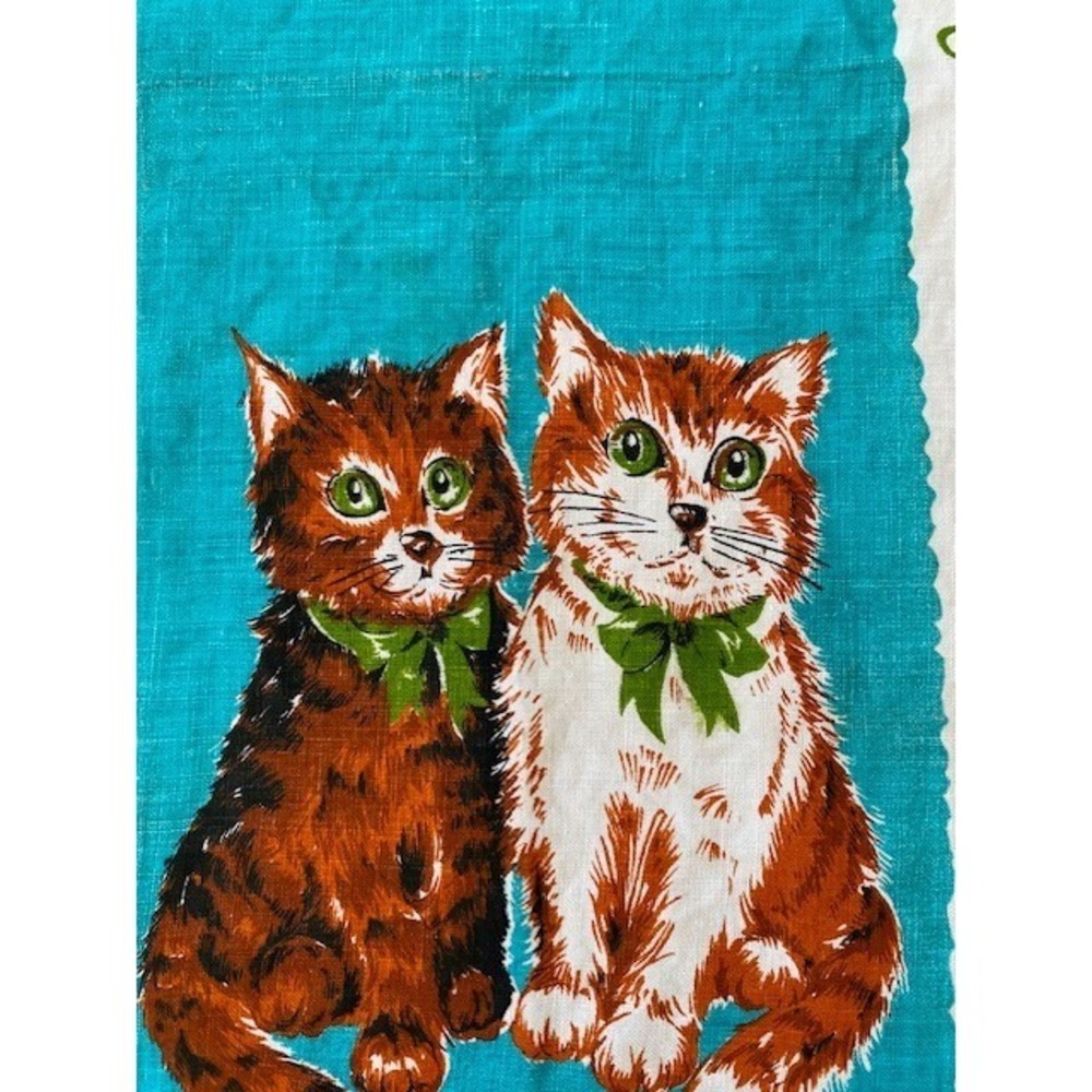 Pair of Cats Kittens Kitchen Towel Green Bows Teal Linen MCM Retro